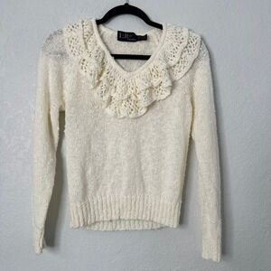 VTG Ivory Ruffle Lace Collar Sweater Romantic Cottagecore Coquette Pullover S‎